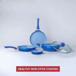 Royal Velvet Non-Stick 5-Piece Cookware Set (Fry Pan With Lid, Wok, Dosa Tawa, Mini Fry Pan) Induction Bottom, Soft-Touch Handles, Virgin Grade Aluminium, PFOA/Heavy Metals Free, 3 Mm, 2 Years Warranty, Blue