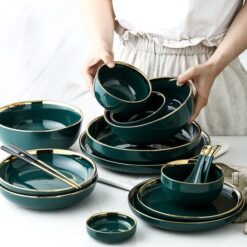 Luxury Plates and Bowls Dish Spoon Dinner Set with Glod Rim Ceramic Salad Ramen Bowl Deep Plate Crockery Green Dinnerware | Wish
